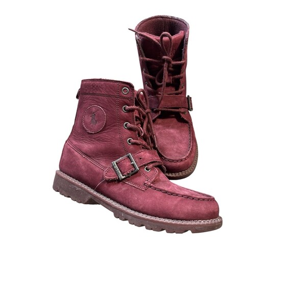 Polo Ralph Lauren Burgundy Ranger Boots Kids 5 Women’s 7 Leather Lace & Buckle - Picture 1 of 7